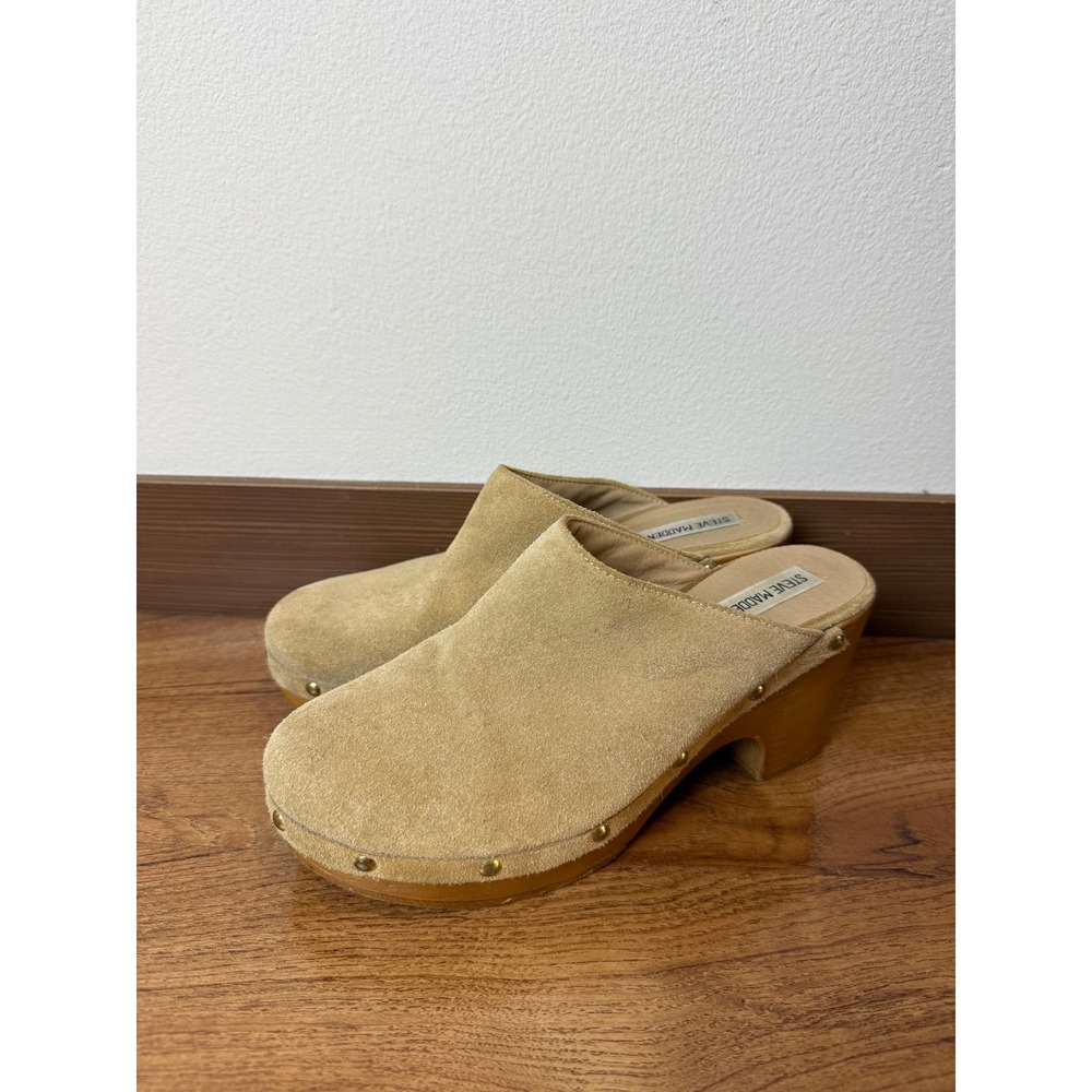 Steve Madden Tan Suede Wooden Platform Clogs Studded Mule Heels Size 9